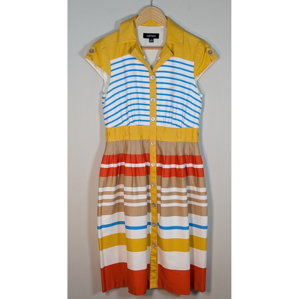 Chetta B Womens Striped Button Front Shirt Dress Yellow Blue Multi Size 4